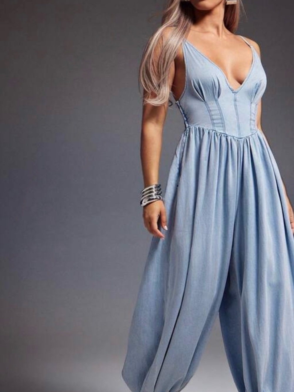 Light Blue Wide-Leg Jumpsuit with Cinched Waist